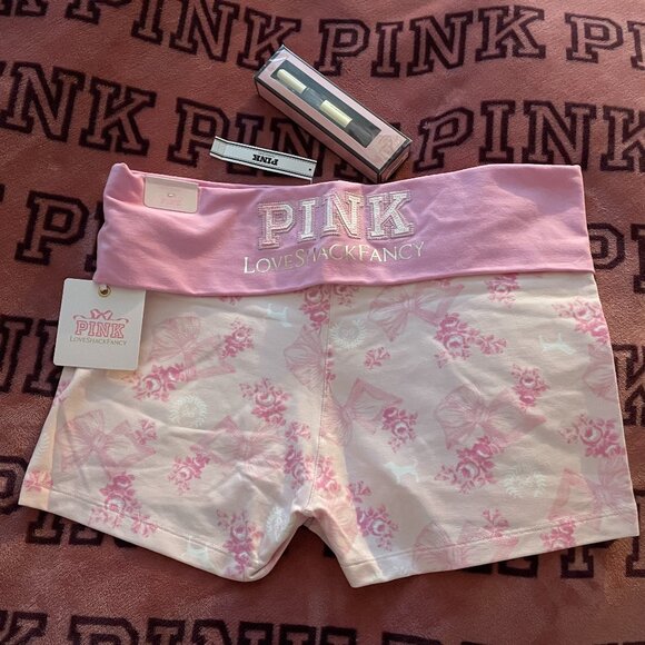 PINK x LoveShackFancy, L, Cotton Foldover Micro Shorts & Bombshell Travel Spray - Picture 1 of 9